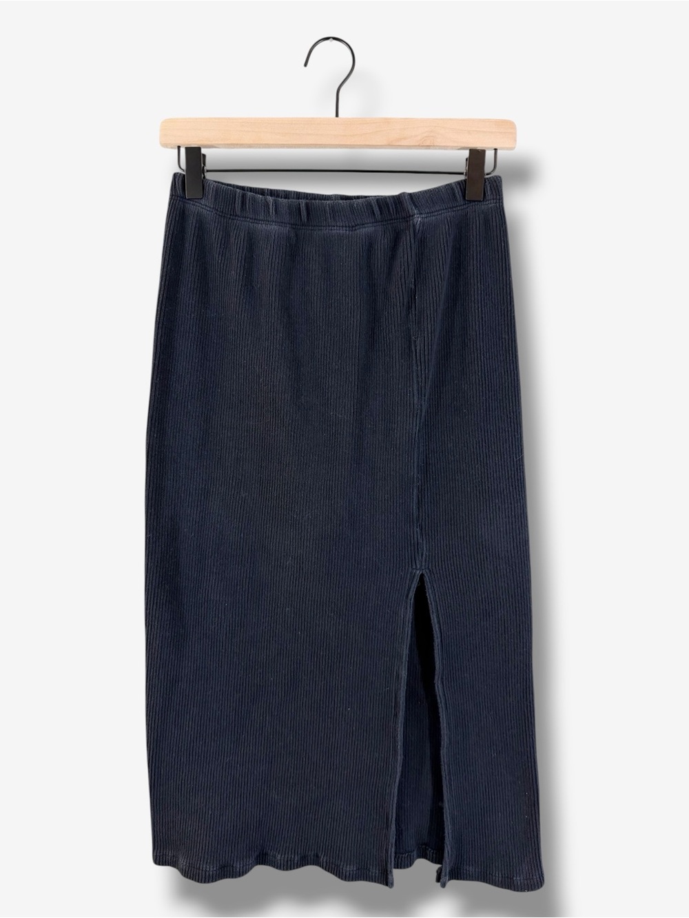 WOMN Michelle Skirt S Navy Ribbed Cotton Midi Front Slit Minimalist